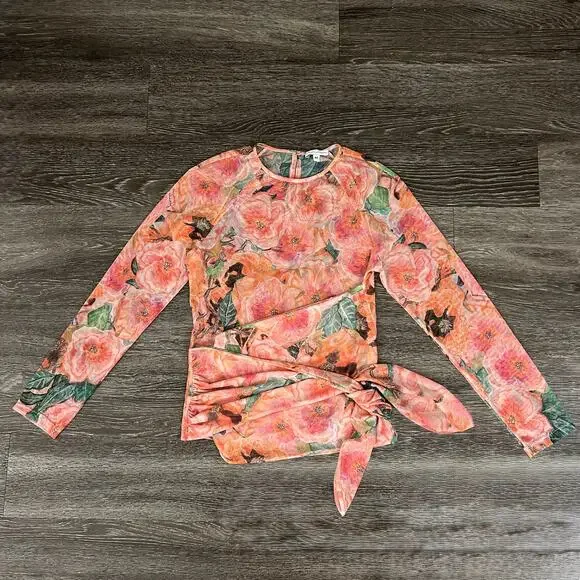 Ala Von Auersperg Mesh Top Taj‎ Floral Print Sheer Long Sleeve Tie Waist Pink M - Picture 15 of 16